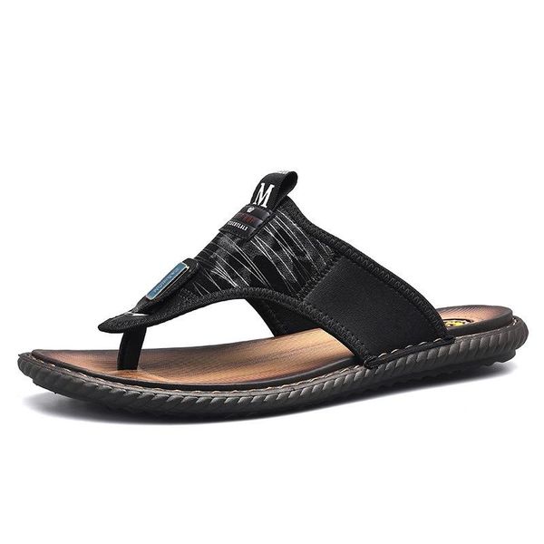 

slippers summer men flip flops korean-style casual soft-sole anti-slip outdoor wear beach shoes genuine leather, Black