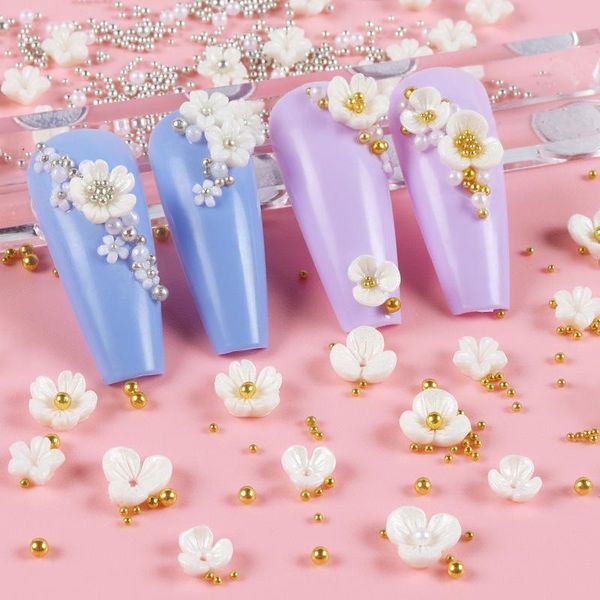 

nail art decorations white pink flowers metal bead pearl design kawaii 3d charms deco manicure ornaments rhinestone for nails acrylic, Silver;gold