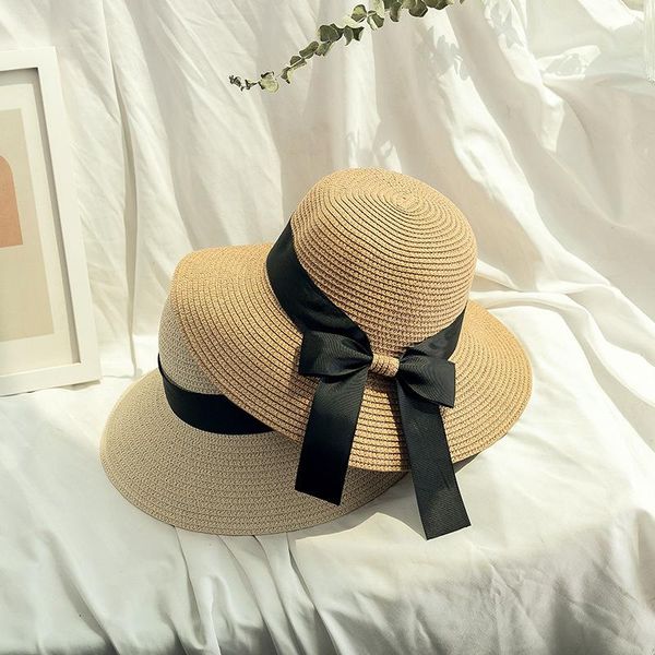Bonés chapéus verão coreano fita fita curva mulheres viseira de palha de chapéu seaside feriado sol proteção e sombreamento Dobrável praia mulheres