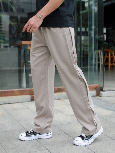 

men slant pockets drawstring waist pants d59n#, Black