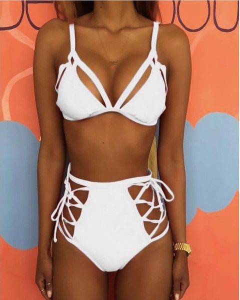 

women's swimwear rope lace up high waist bikini set plus size hollow out women swimsuit white black bandage beach bathing suit