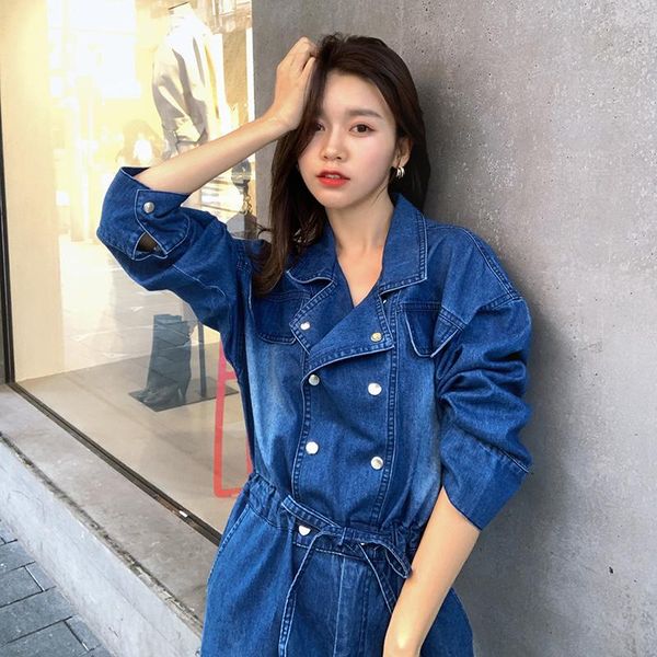 

women's jumpsuits & rompers women long sleeve lapel denim drawstring waist vintage cargo jeans overalls streetwear hip hop harem pants, Black;white