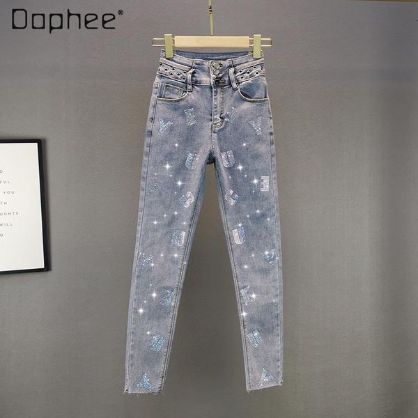 

spring and summer slim fit european multi-button high waist rhinestone jeans women's skinny pants pencil, Blue