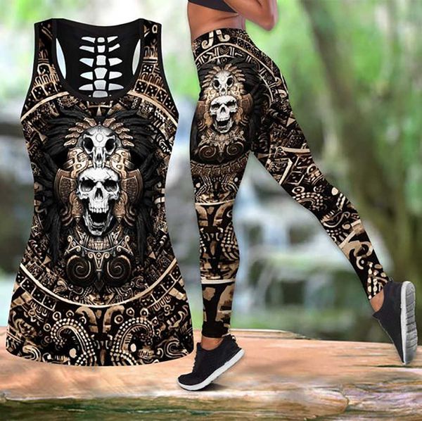 

skull 3d digital printing hollow vest female vest girl fashion yoga vest set, Gray