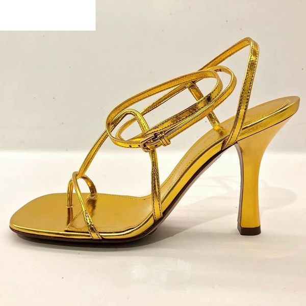 

sandals 2021 gold thin high heel split toe women real leather narrow band ankle strappy rome sandalias summer party shoes 76g, Black