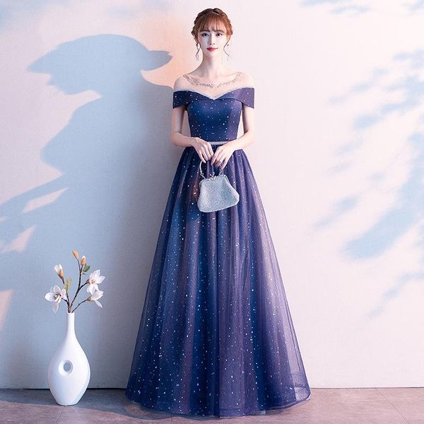 

women sweet dreamy mesh pleated dresses navy blue elegant evening party dress exquisite star sequins trim long banquet gown ethnic clothing, Red