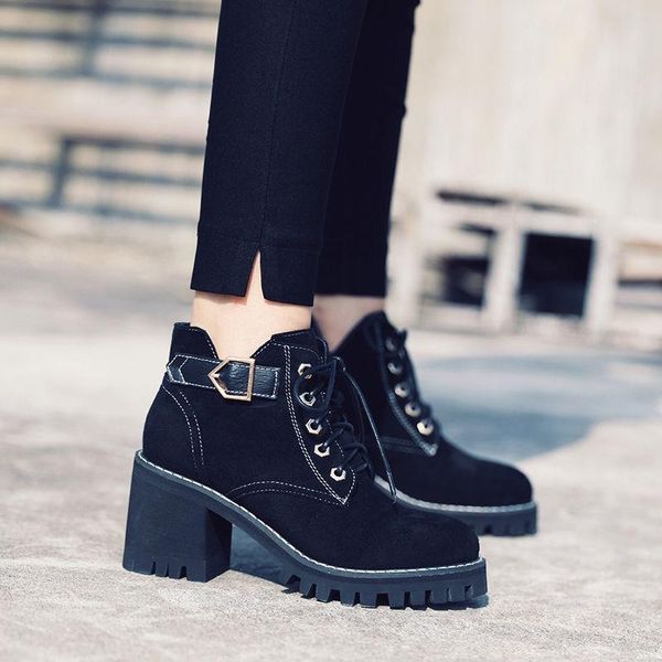 

boots 2021 retro women lace up buckle knee high round toe platform winter ladies shoes, Black
