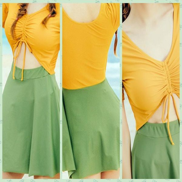 

women's swimwear show thin covered belly contrasted one-piece skirt flat-angle anti-walking drawstring chest waist hollow suits