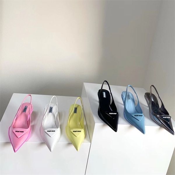 

2021 heel letter cat pujia triangle sandals women's pointy back empty baotou high heels french fairy style low heels women's shoes, Black