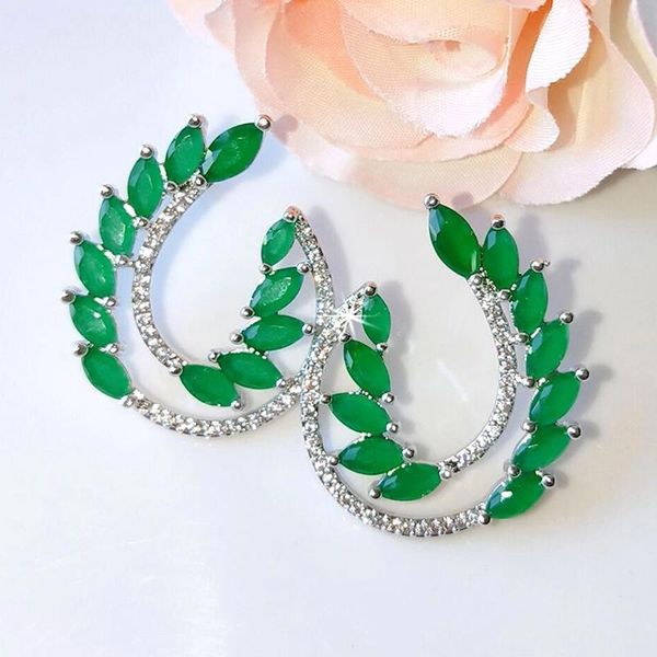 

stud est flower design earrings for women green cubic zircon pave boucles d'oreilles branch shape fashion jewelry ce2149e, Golden;silver
