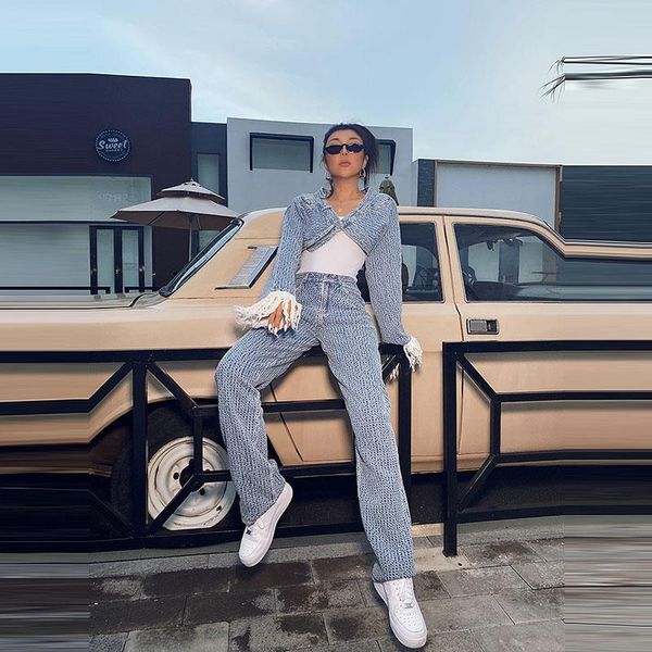 

women's jeans autumn tassel long sleeve short denim high waist straight women fashion suit female, Blue