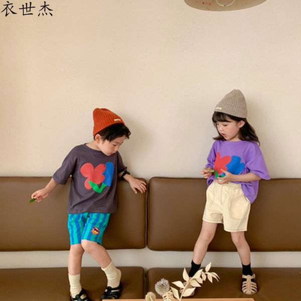 

childrens t-shirt 2022 summer boys and girls flower print short sleeve childrens loose top, Blue