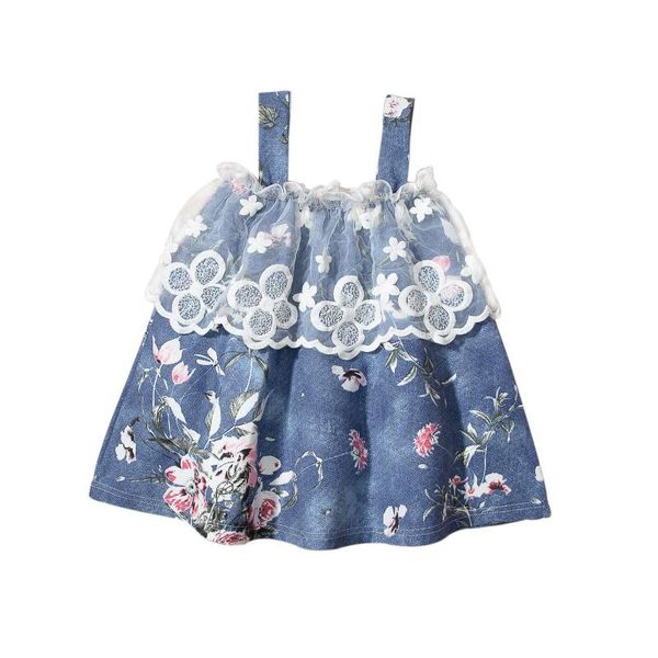 

girl's dresses kids dress girls lace trim flower print sleeveless slip for summer denim blue 3-24 months, Red;yellow