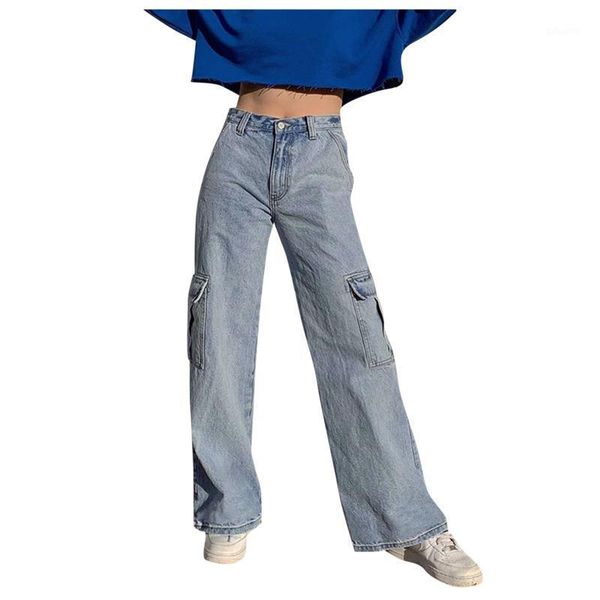 

women's jeans women autumn high waist straight pants solid color pocket elastic print slim denim pantalon pour femme #h, Blue