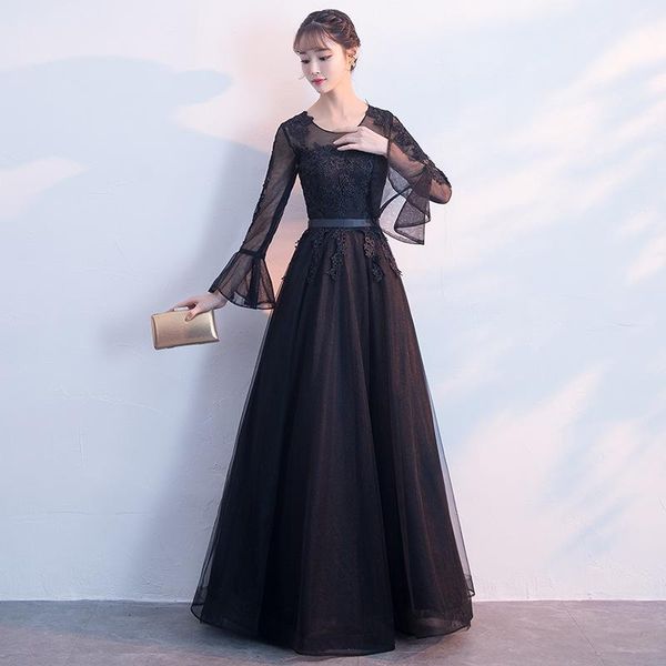 

casual dresses xs-xxxl o-neck womens slim party dress flare sleeve evening long cheongsam floor-length marriage gown wedding qipao vestido, Black;gray