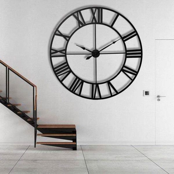 

80cm modern 3d large retro black iron art hollow wall clock roman numerals home decor big on the clocks