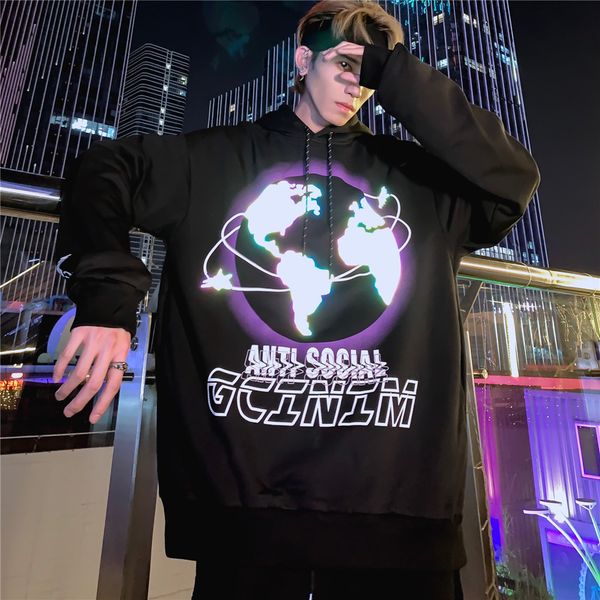 

sweatshirts laser reflective earth printed sweater mens hip hop brand street personality loose pullover hoodie, Black