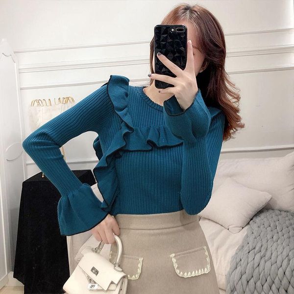 

women's sweaters women 2021 autumn winter o-neck long sleeve sweater female slim bottoming solid color ruffles casual pullover b09, White;black