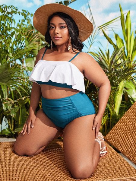 

plus ruched ruffle hem bikini swimsuit e0br#, Black