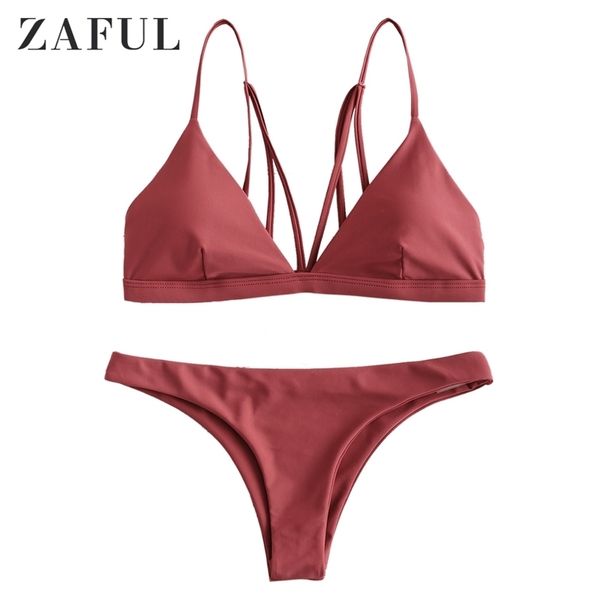 ZAFUL Frauen Sexy Tanga Bikini Set Zurück Riemchen Gepolsterte Badeanzug Spaghetti-trägern Sommer Weibliche Cami Bademode Badeanzug Strand 210319