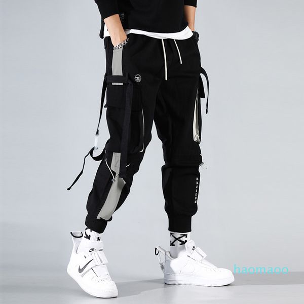 

designer-fashion men ribbons color block black pocket cargo pants 2020 joggers harajuku sweatpant hip hop trousers men sweatpants