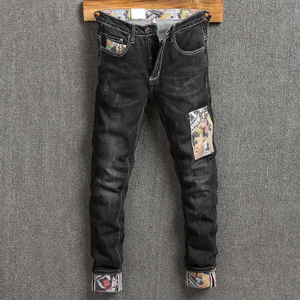 

men's jeans korean style fashion retro black elastic slim fit ripped streetwear patches designer hip hop denim pants oo73, Blue