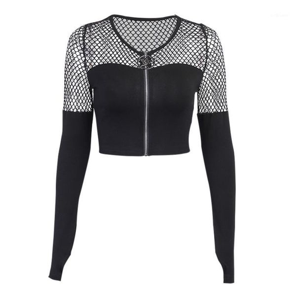 

women's t-shirt fishnet patchwork mesh gothic t-shirts black grunge zipper front long sleeve tees women crop tshirt ladies clothes, White