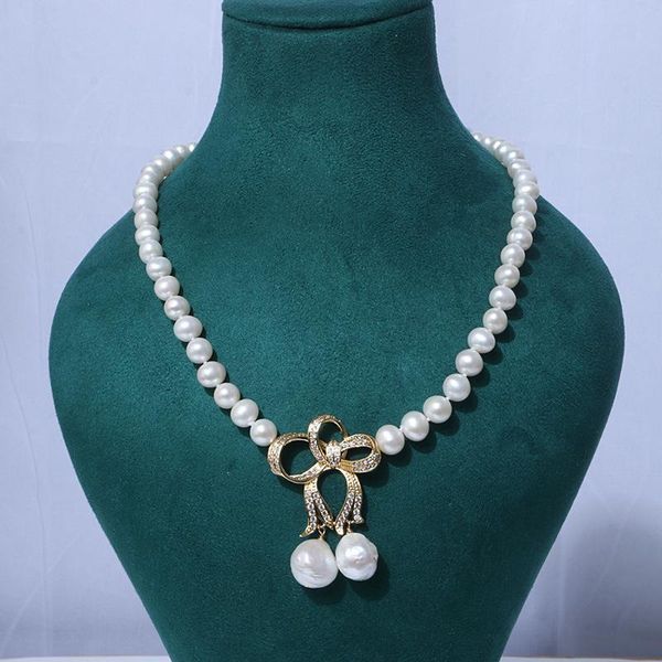 

chains simple bow freshwater pearl necklace 210326-36, Silver