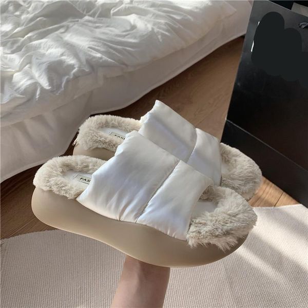

slippers casual shoes woman 2021 pantofle fur flip flops platform med female tap luxury plush flat hawaiian soft rubber slid, Black