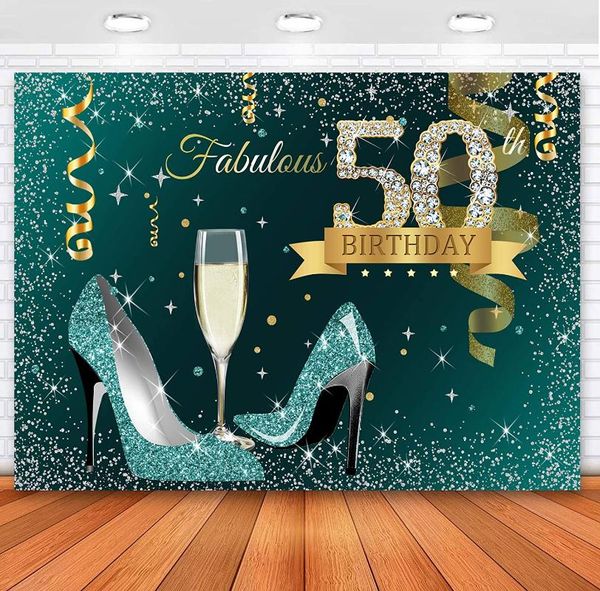 

party decoration teal gold happy 50th birthday backdrop glitter silver dots high heels champagne glass background decor banner