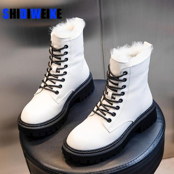 

boots women's winter snow genuine wool warm 2021 leather motorcycle women thick-soled ankle ad373, Black