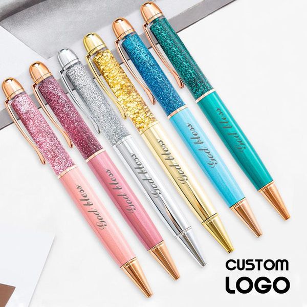 

ballpoint pens customized logo fashion colorful gold powder metal crystal quicksand oil gel pen office wedding gifts, Blue;orange