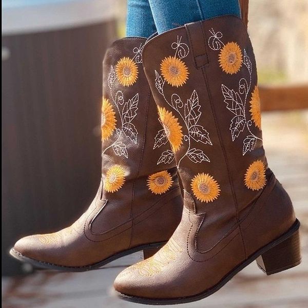

boots women's cowboy winter waterproof over the knee ladies shoes retro bohemian embroidery botas mujer 2021, Black