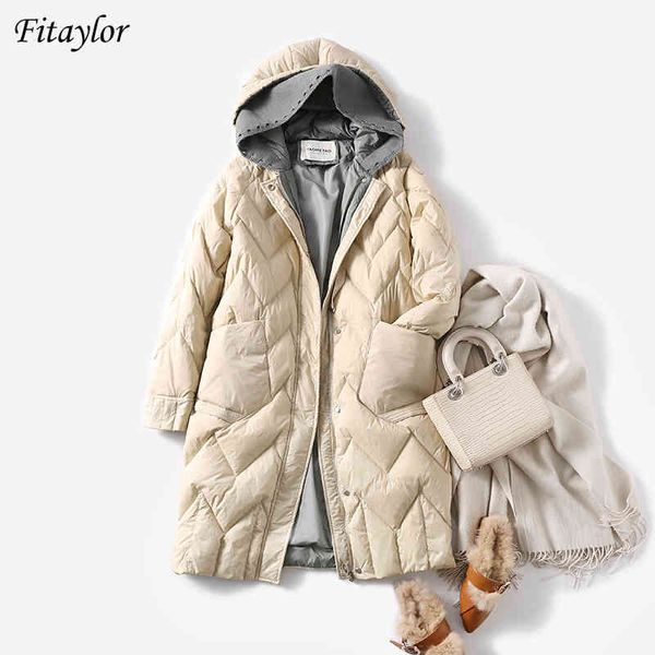 

fitaylor - winter white duck down long knitted hooded thermal et, solid color coat, casual loose clothing, 90%, Black