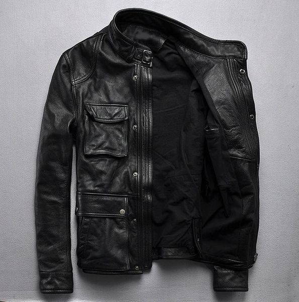 

men's leather & faux men genuine jacket cowhide locomotive clothing zipper stand collar slim fit black youth winter coat