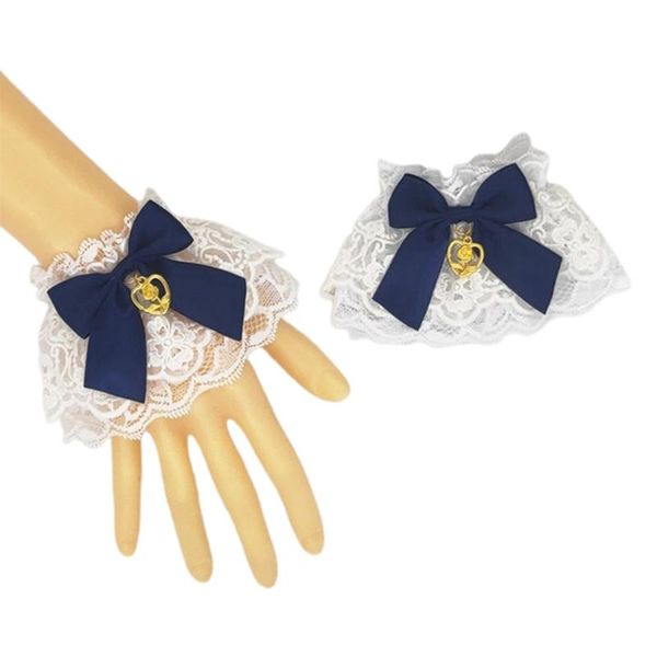 

five fingers gloves 40gc lolita ruffled lace wrist cuff sweet bow heart pendant wristband hand sleeves, Blue;gray