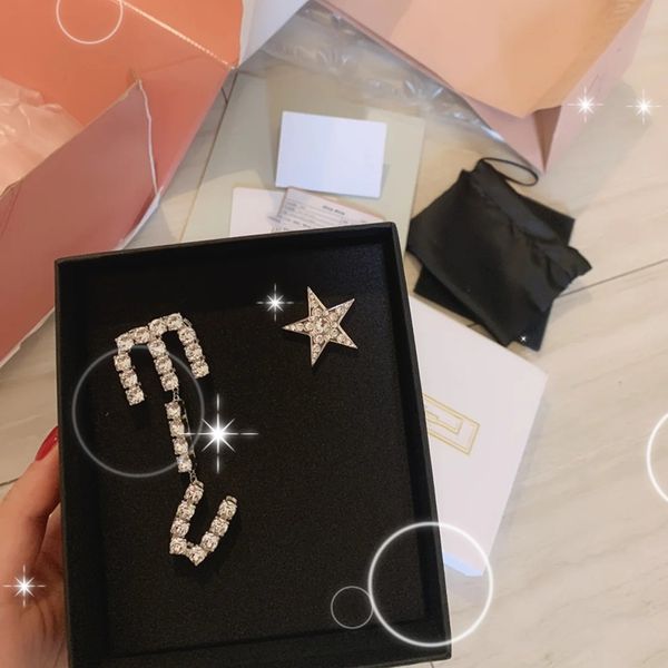 

charm 2021 letter asymmetric five pointed star earrings flash diamond temperament celebrity 925 silver needle miao miu, Golden