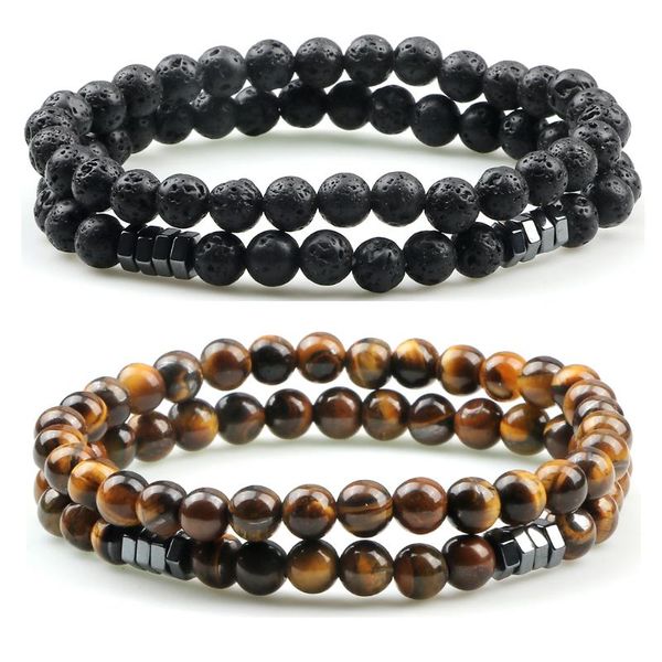 

beaded, strands 2pc/set trendy natural stone beads bracelet handmade tiger eye turquoises bracelets for women men prayer yoga jewelry, Black