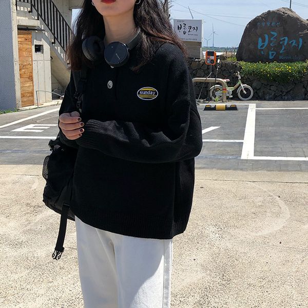 

3 colors 2021 autumn and winter korean style letter turn down collar pullovers sweaters knitted sweater womens (f1378), White;black
