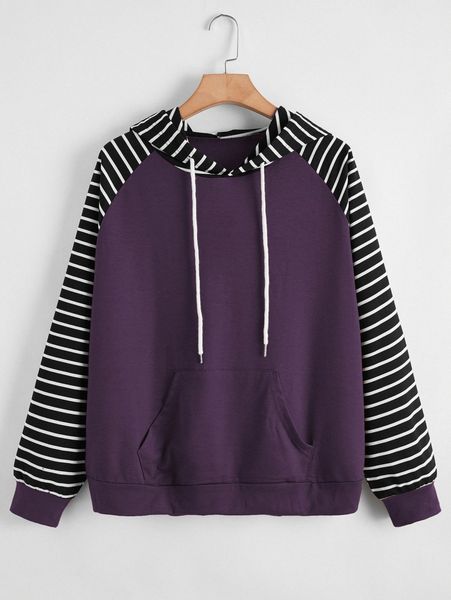 

plus colorblock & striped drawstring hoodie t5nb#, Black