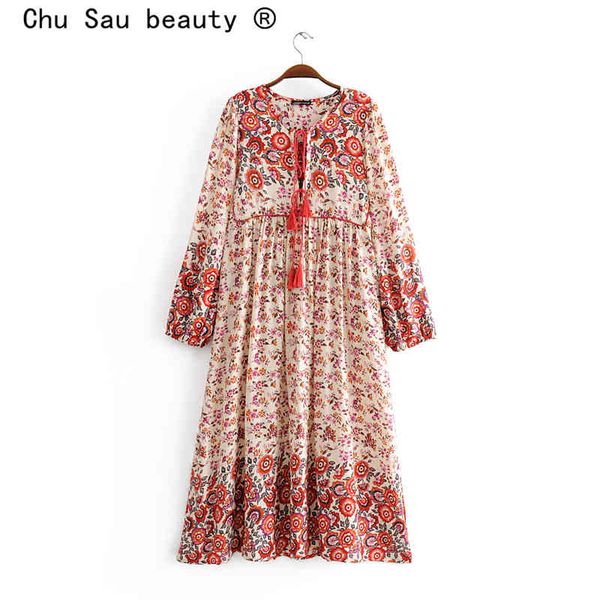 

chu sau beauty boho floral print maxi dress women beach style fashion tassel loose dresses female long holiday wear 210508, Black;gray