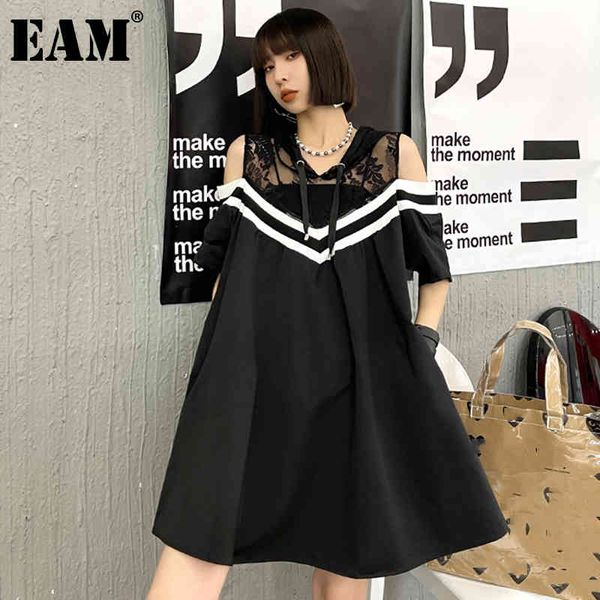 

[eam] women black big size lace contrast color casual dress hooded short sleeve loose fashion spring summer 1dd6752 21512, Black;gray