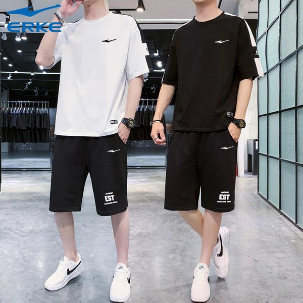 

gym clothing hongxing erke short sleeve t-shirt set men's summer 2021 casual sports shorts, White;black