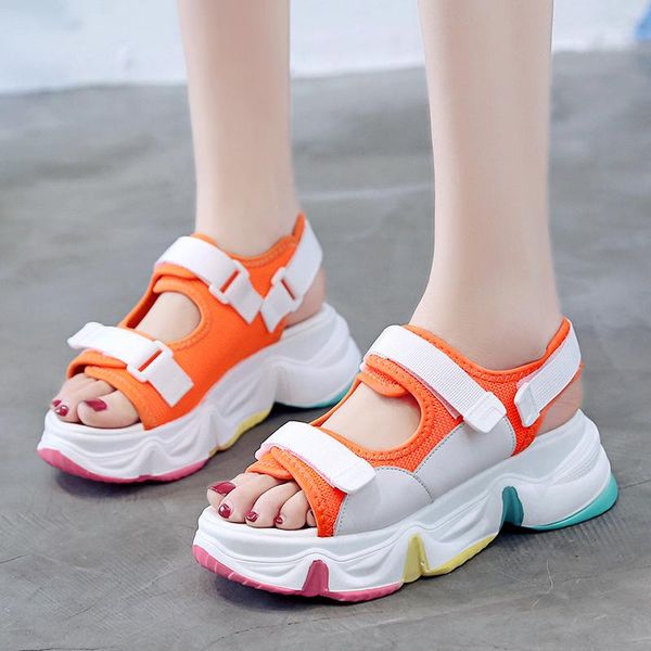 

dress shoes women sandals summer thick bottom 2021 fashion high heels breathable wedges open toe hook loop bling causal, Black