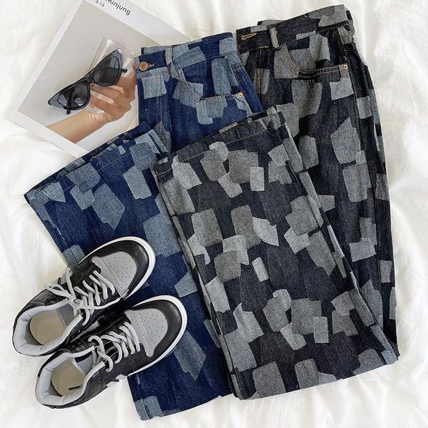 

women's jeans autumn contrast plaid jacquard women patchwork wide leg high waist black blue denim