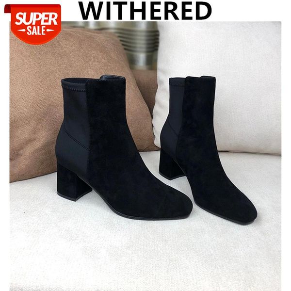 

withered winter boots women england office lady fashion simple splicing square toe high heel shoes woman botas mujer shoes women #793x, Black