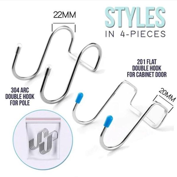 

s-hook 304 stainless steel double hook bathroom kitchen cabinet door hat clothes prop 4 pieces hooks & rails