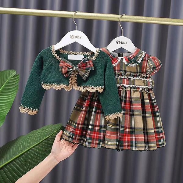 

girl's dresses 2pcs spring autumn vintage spanish princess lolita turkey pure cotton knit coat green plaid short-sleeved bow ball gown, Red;yellow