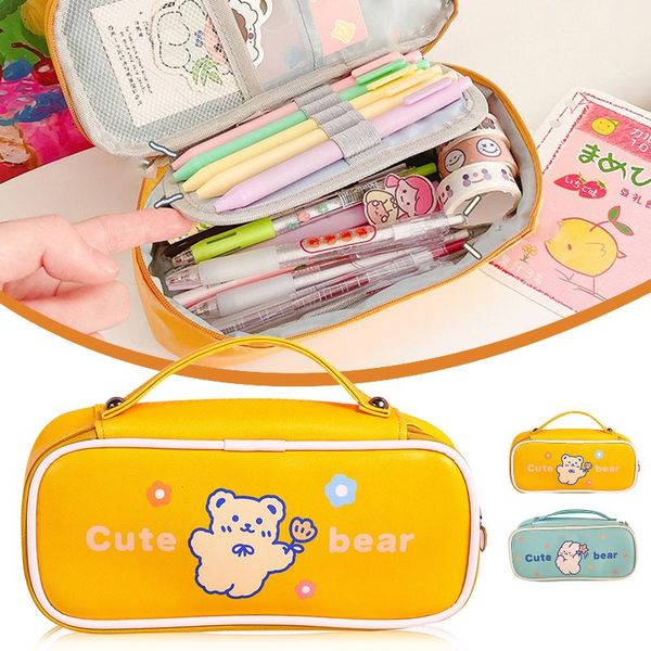 

pu pencil case with handle & slot large capacity makeup brush pen organizer for office 22.5*11*6cm zipper closure bag bags