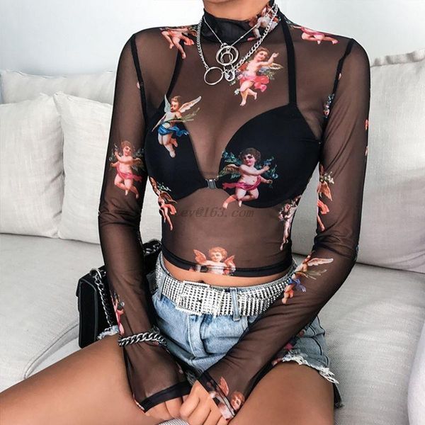 

see through transparent womens t shirt mesh long sleeve sheer slim turtleneck angel printed, White